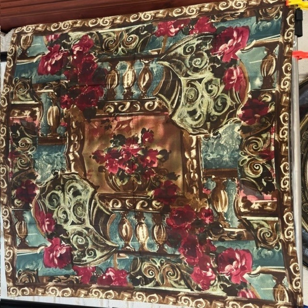 Vintage Silk Scarf 1990s Baroque Floral Red Rose Teal Gold Scroll Print‎